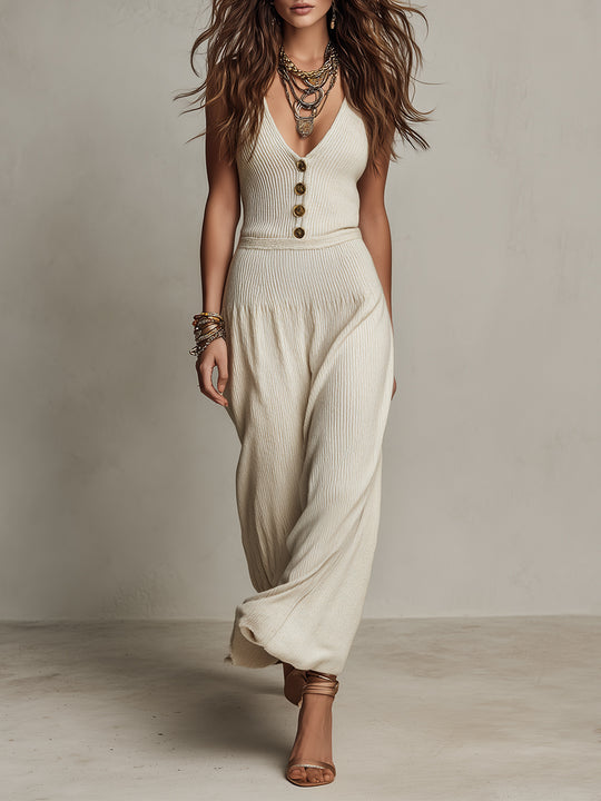 Vintage Knitted Button-down Sleeveless Wide-leg Jumpsuit