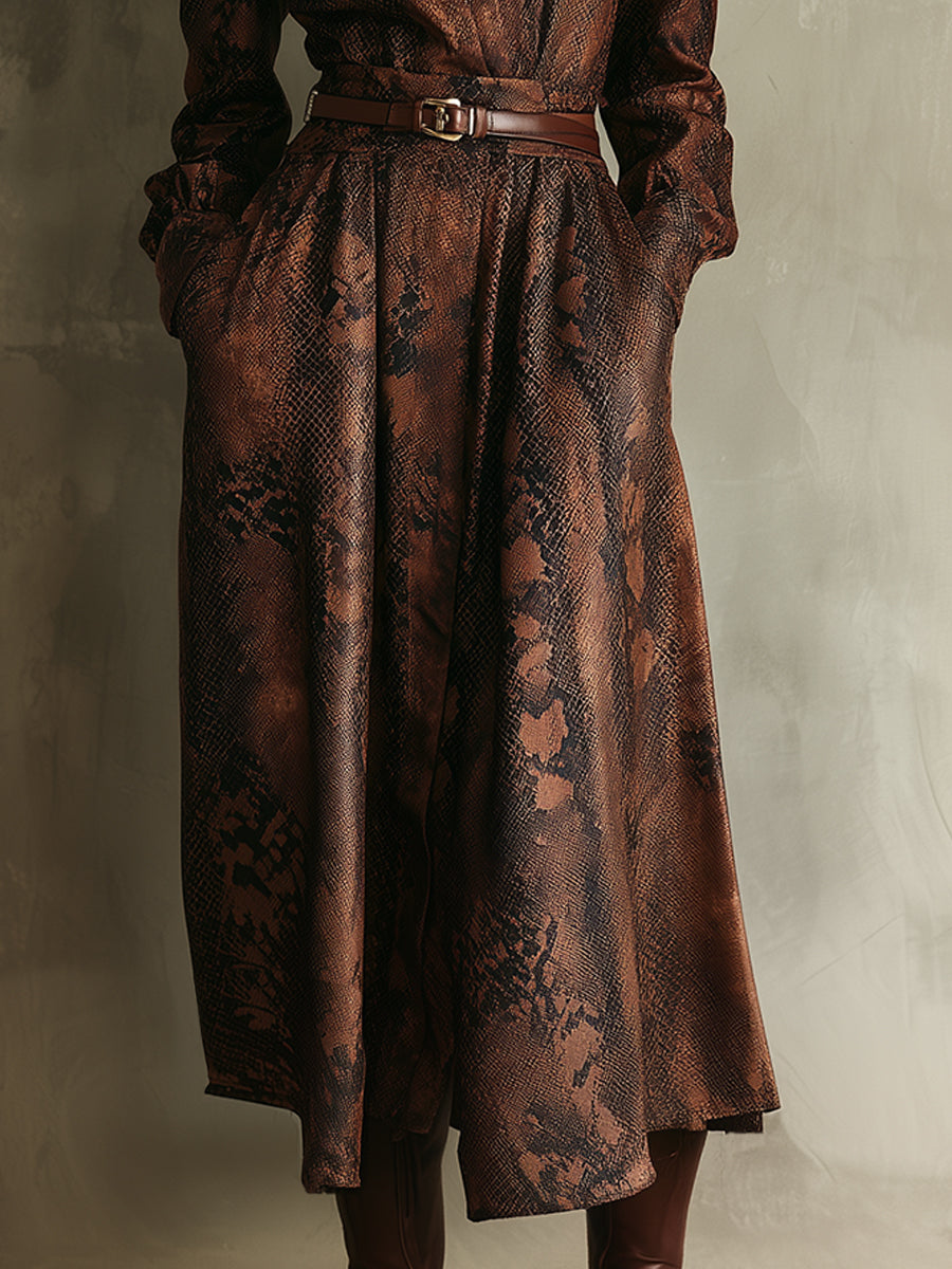 Retro Snake Print Front Zipper Polyester Suede Midi Dress With Belt