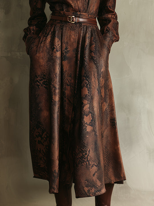 Retro Snake Print Front Zipper Polyester Suede Midi Dress With Belt