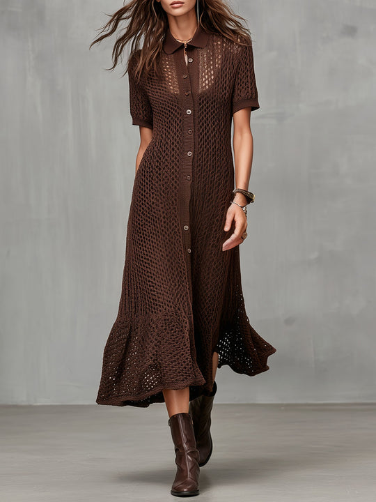 Quiet Luxury Chocolate Brown Crochet Knit Shirt Dress