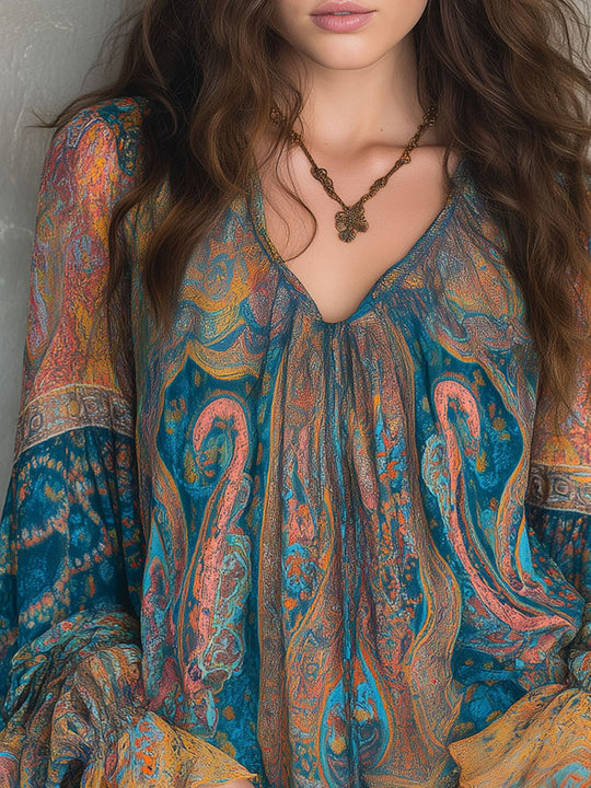 Bohemian Teal & Amber Paisley Chiffon Blouse With Ruffled Cuffs