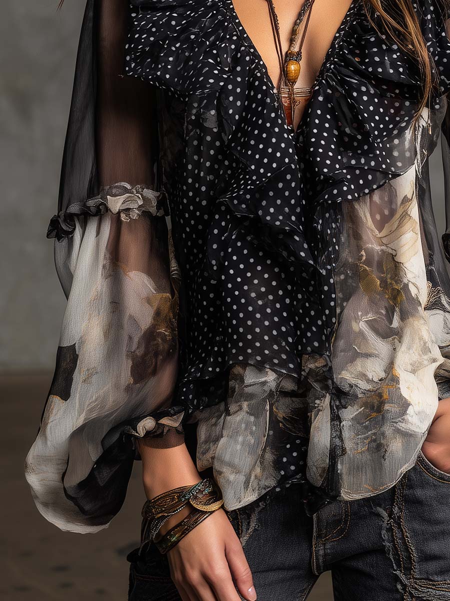 Bohemian Vintage Polka-Dot Ruffle Chiffon Blouse