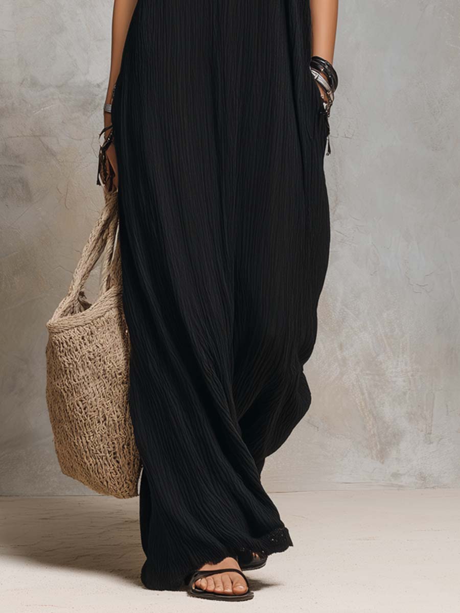 Retro Contrast Trim Pleated Maxi Dress