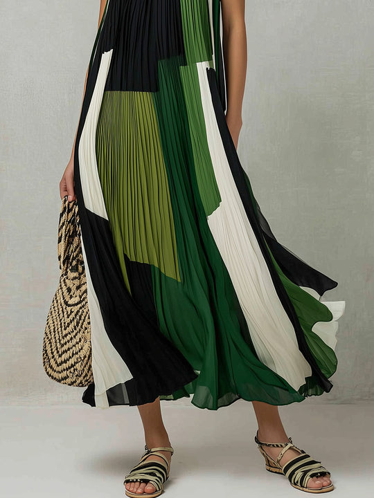 Retro Contrast Pleated Stand Collar A-line Maxi Dress