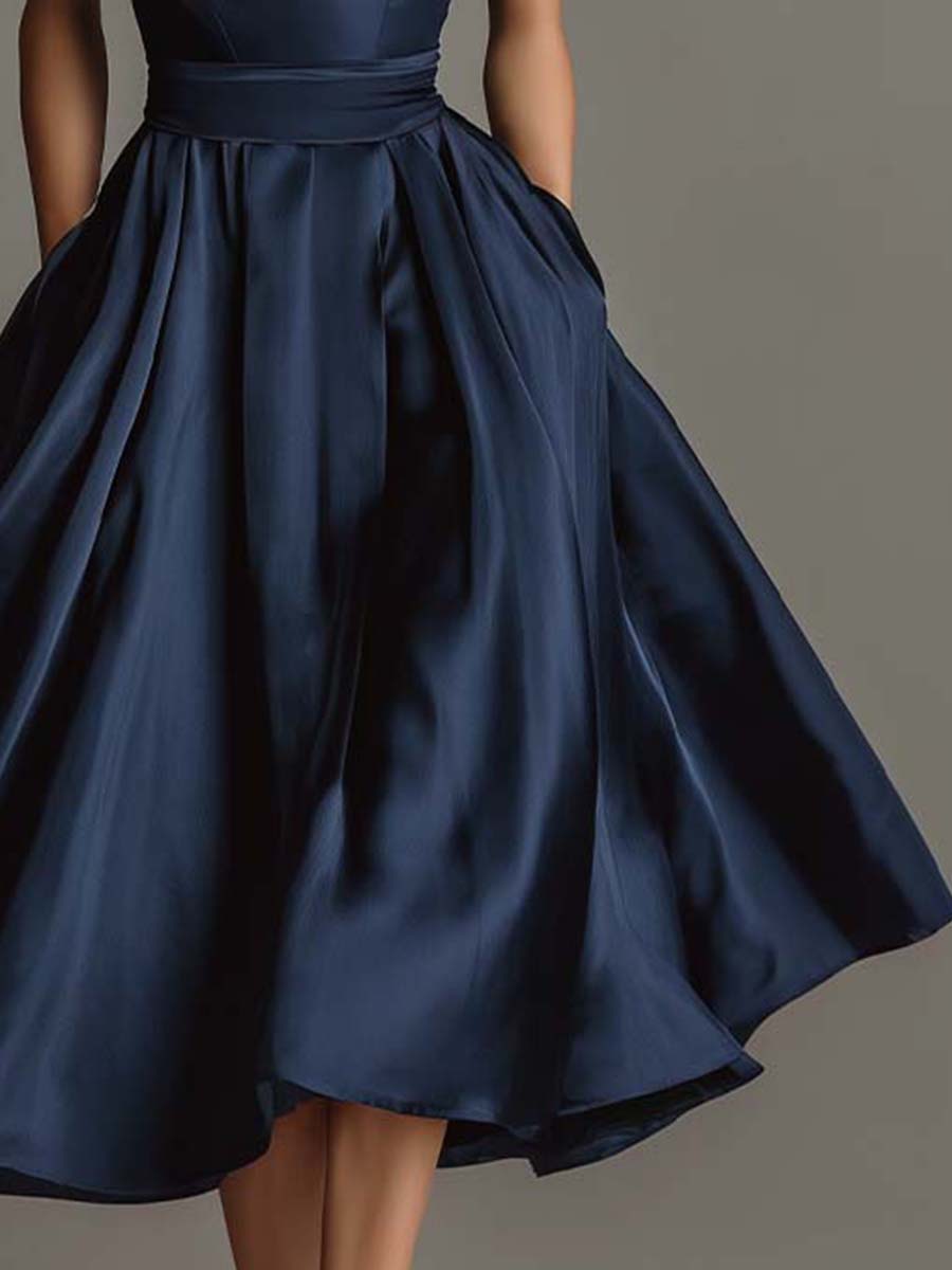 Midnight Satin Halter A-Line Midi Dress