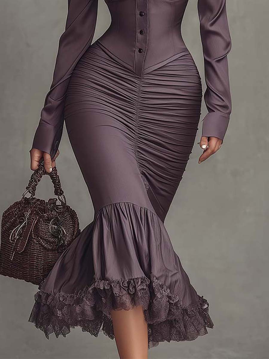 Dusty Mauve Lace-Trim Ruched Midi Dress