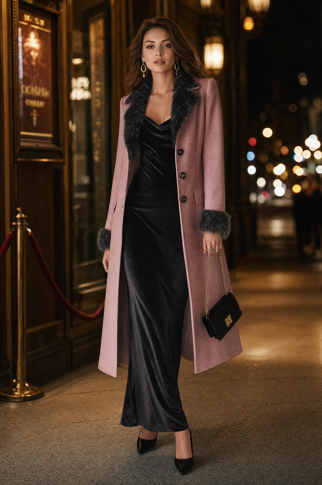 Vintage-style Slim-fit Mid-length Wool-blend Coat With Plush Trim
