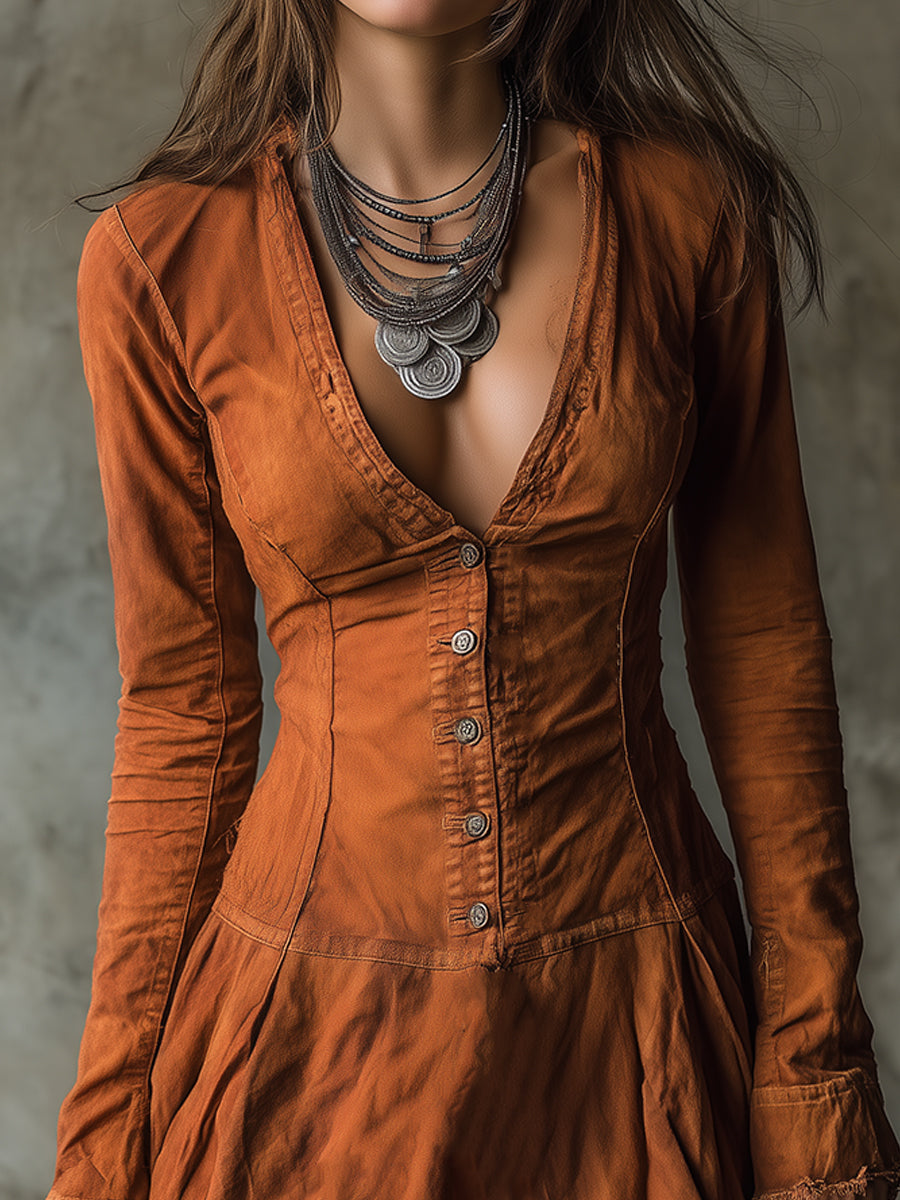 Boho Style Washed Raw Hem Slim Fit Mini Dress