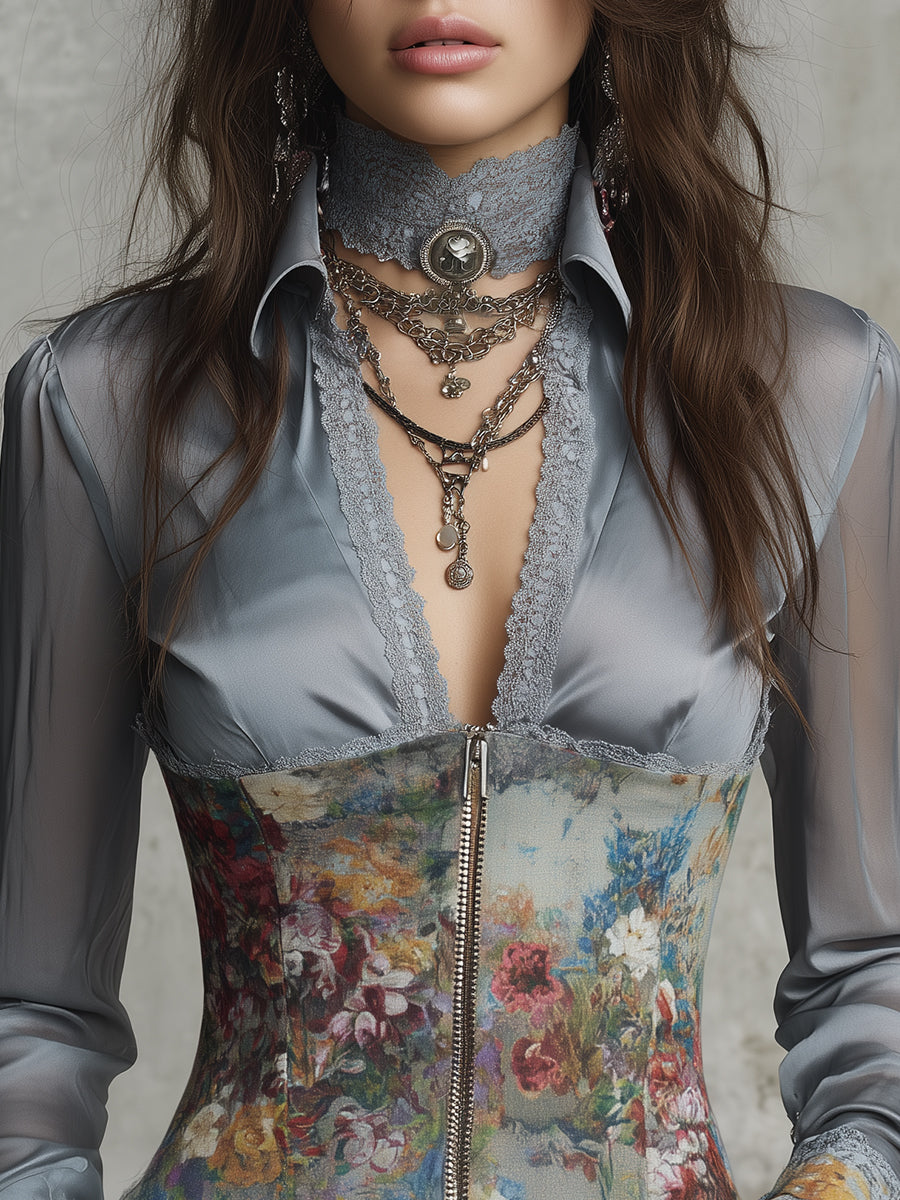 Elegant Oil Painting Flower Satin Long Sleeve Blouse