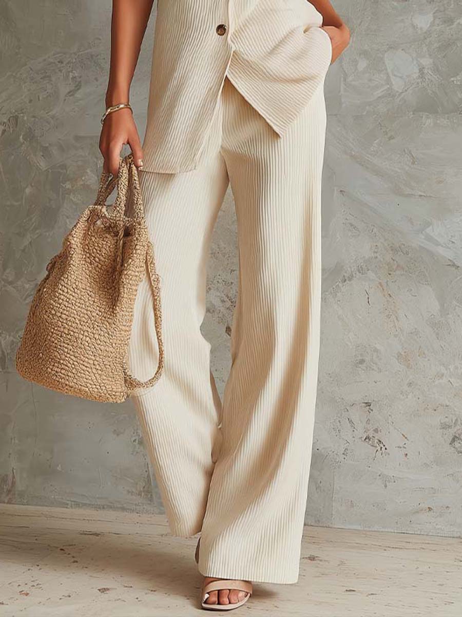 Minimalist Bohemian Casual Ivory Ribbed Vest & Wide-Leg Pants Two-Piece Set