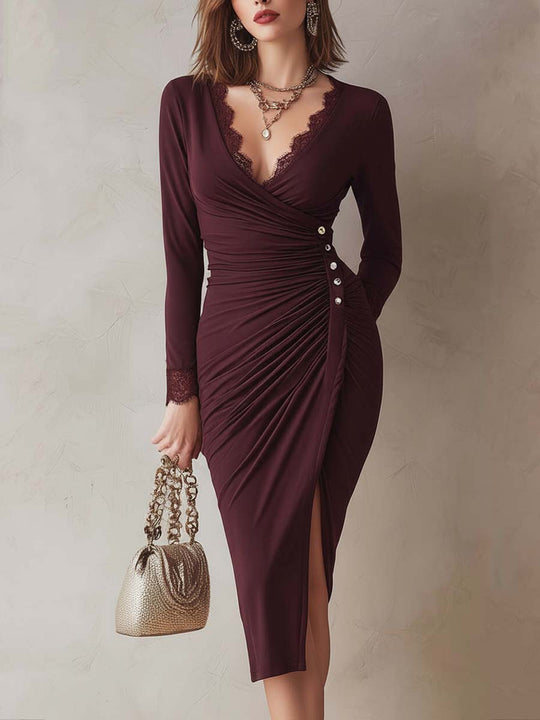 Retro Lace Neck Pleated Waist Button Decoration Midi Dress