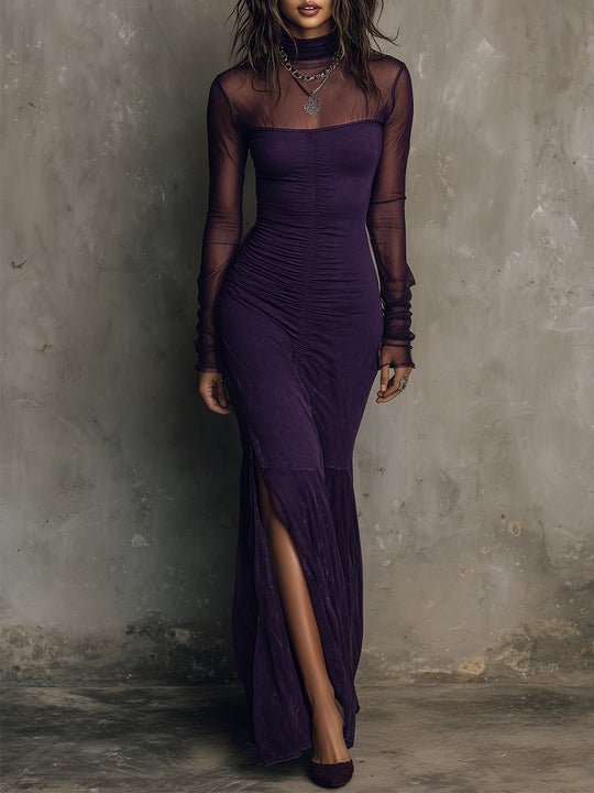 Elegant Mesh Spliced washed Cotton Hem Slit Maxi Dress