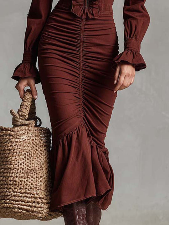 Ruffled Zip-Front Ruched Maxi Dress