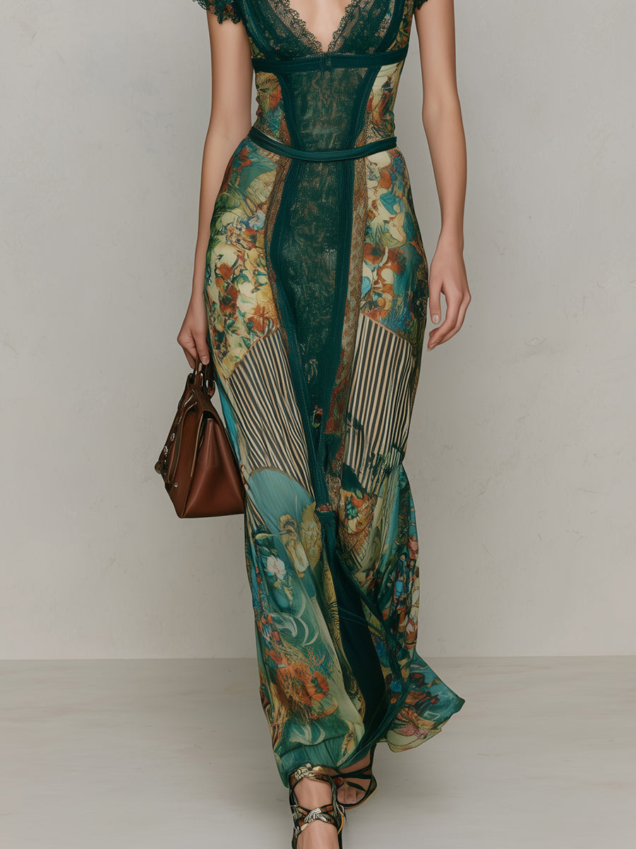 Boho Print Lace Trim Ethnic Print Maxi Dress