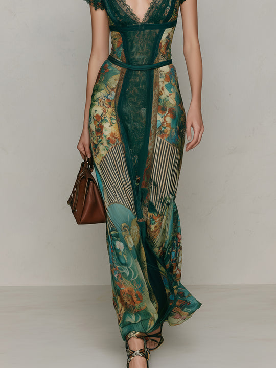 Boho Print Lace Trim Ethnic Print Maxi Dress