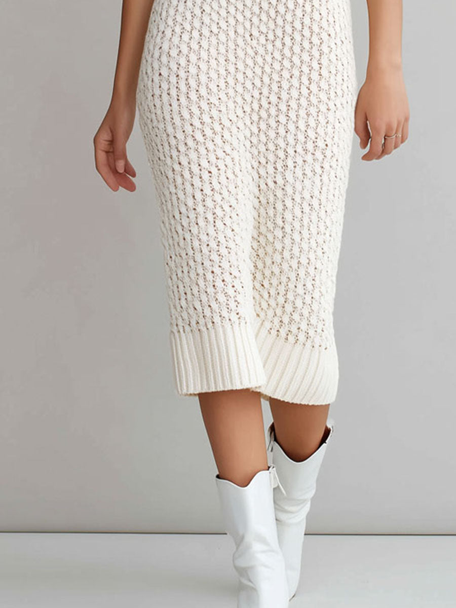 Quiet Luxury Cream Textured Knit Polo Midi Dress