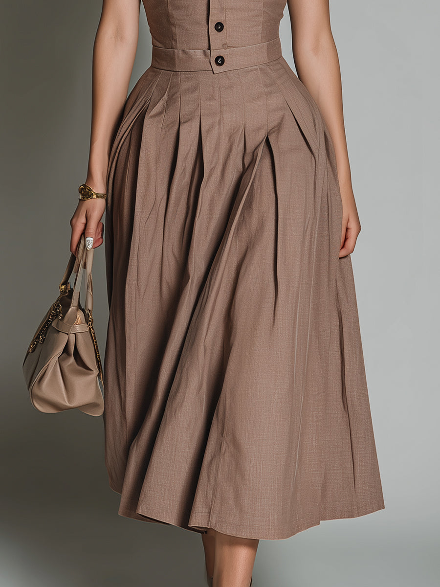 Chic Shirt Collar Sleeveless Pleated Midi Dress