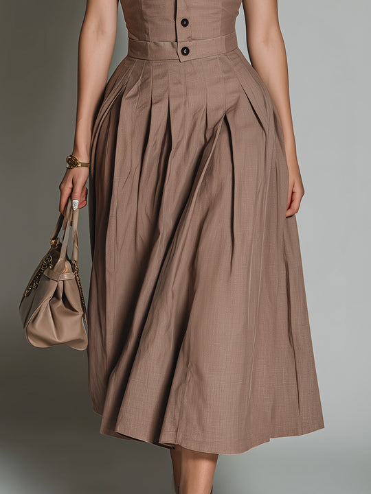Chic Shirt Collar Sleeveless Pleated Midi Dress