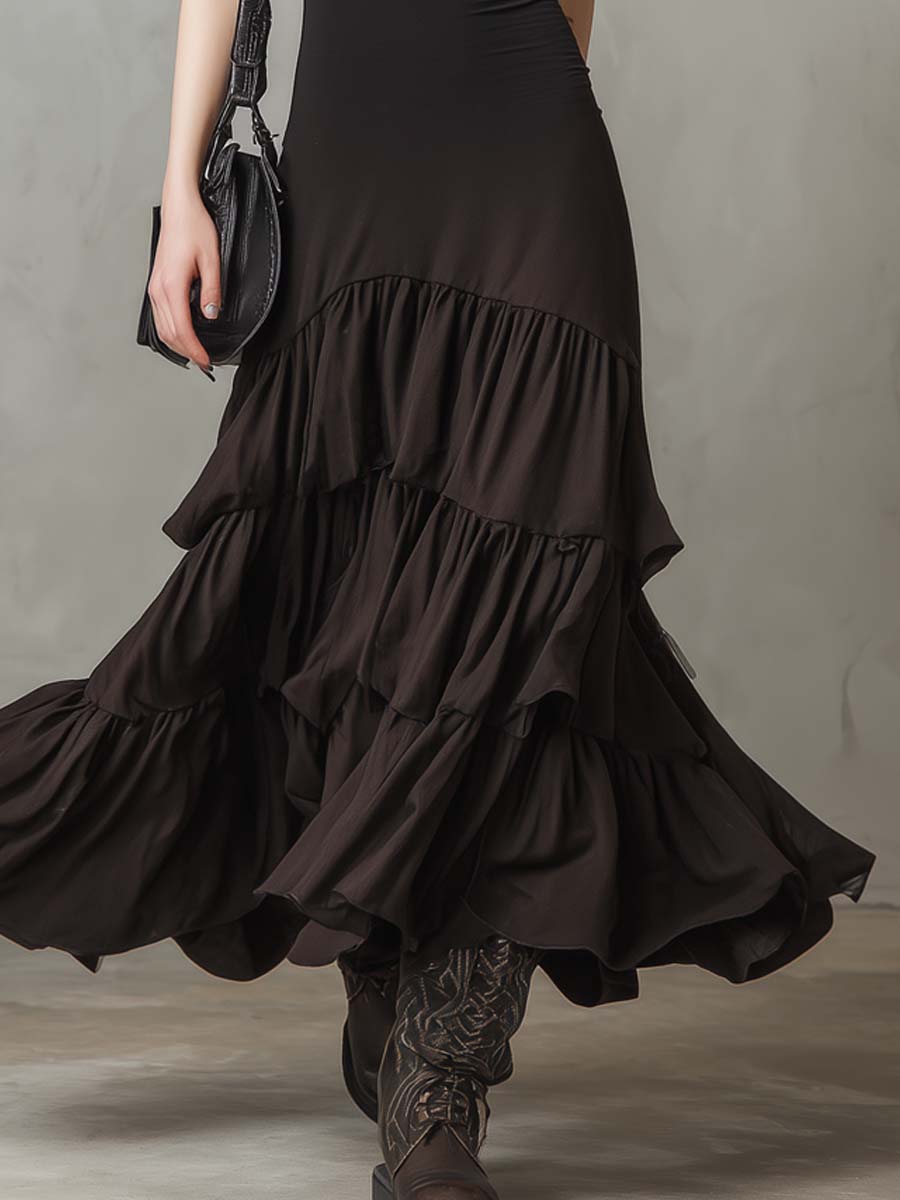 Retro Layered Ruffle Hem Midi Dress