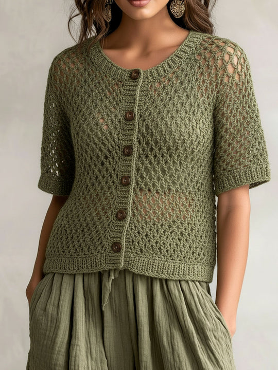 Boho Olive Green Handcrafted Open Knit Button Cardigan