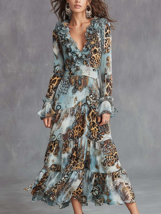 Ruffled V Leopard Patchwork Chiffon Maxi Dress