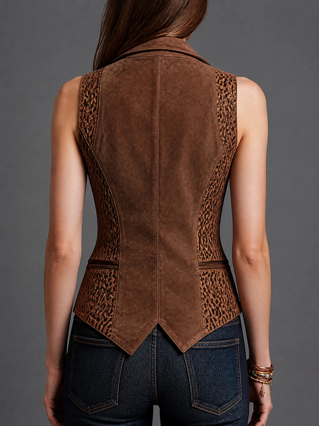 Brown Suede Leopard Panel Tailored Vest