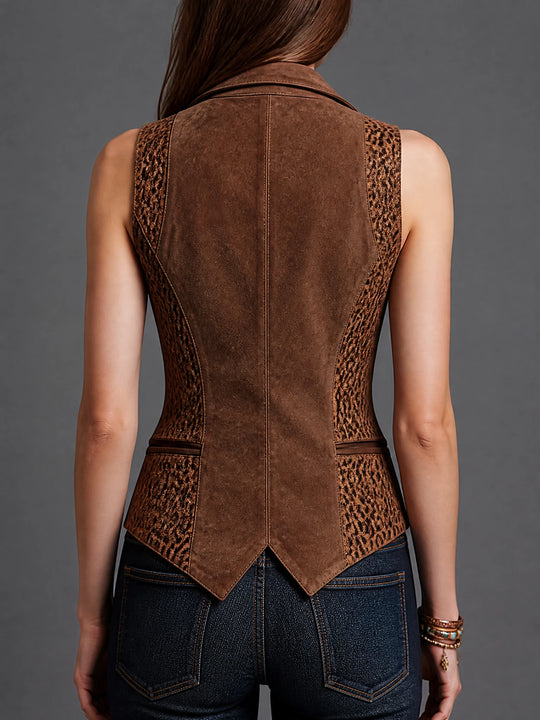 Brown Suede Leopard Panel Tailored Vest