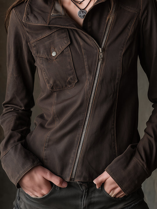 Bohemian Washed Denim Diagonal Placket Jacket