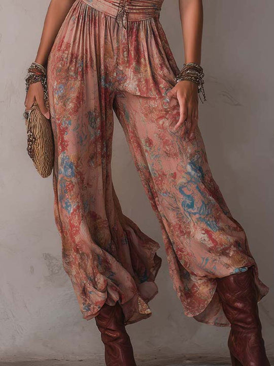 Vintage Floral Ruched Spaghetti Strap Wide-Leg Jumpsuit