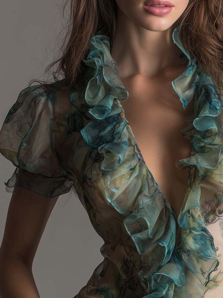 Elegant Boho Ruffled Sheer Floral Chiffon Top