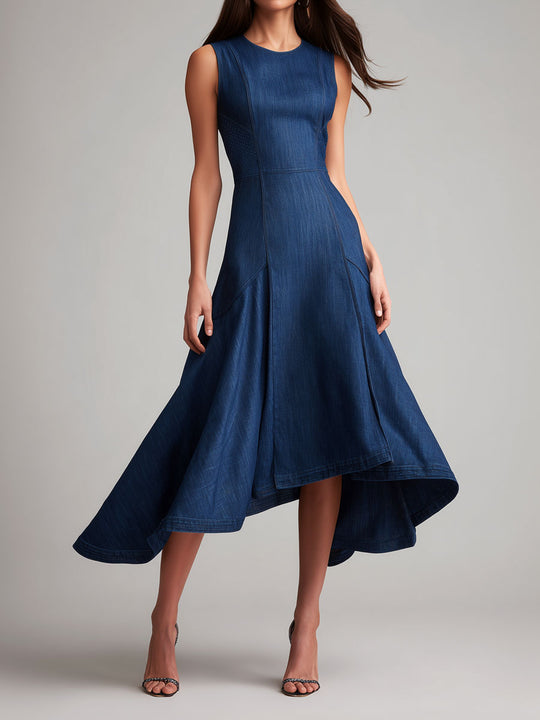 Vintage Denim Sleeveless High-Low Midi Dress