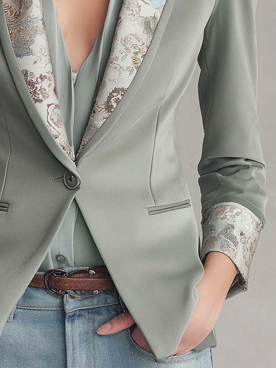 Satin-Trim Printed Lapel Tailored Blazer