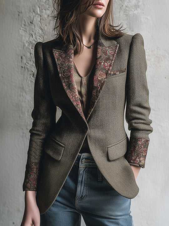 Classic Herringbone Wool Retro Pattern Slim Fit Blazer