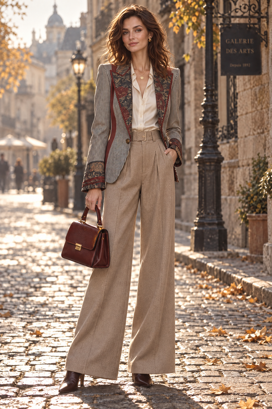 Quiet Luxury Striped Floral-Print Contrast Blazer with Piping Trim