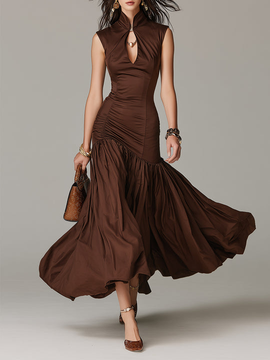 Vintage Stand-collar Satin Pleated Fishtail Maxi Dress