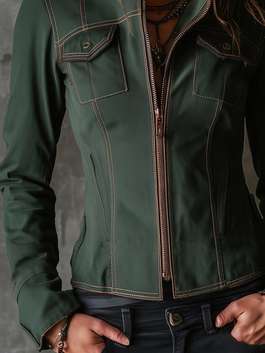 Retro Stand Collar Denim Jacket With Front Zipper And Flap Pockets