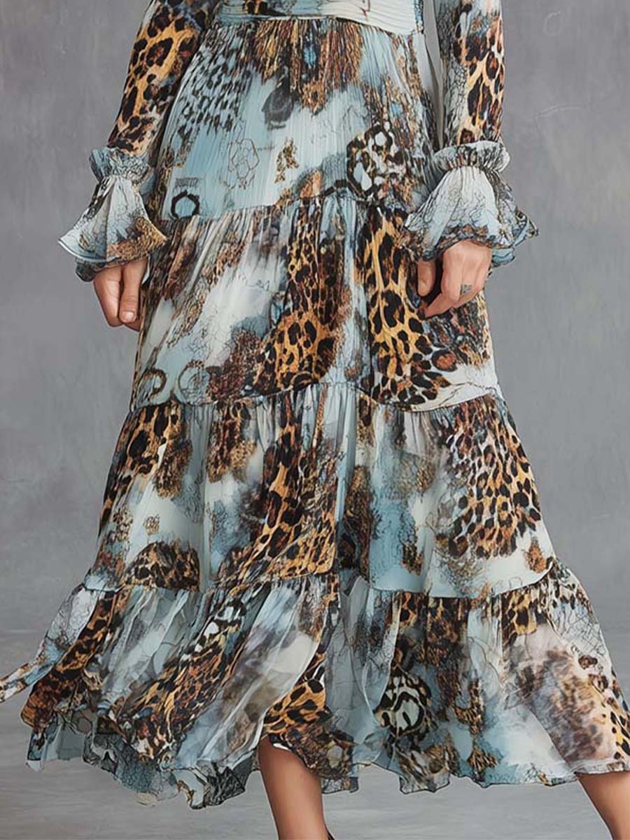 Ruffled V Leopard Patchwork Chiffon Maxi Dress