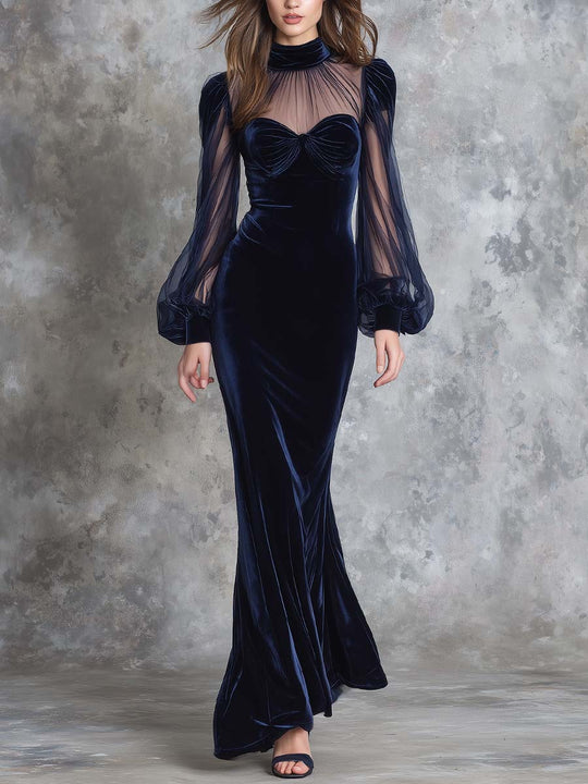 Velvet Maxi Dress With Sheer Puff Sleeves