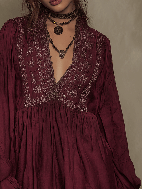 Vintage Boho Embroidered Burgundy Mini Dress