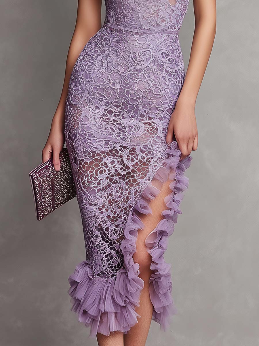 Elegant Lavender Lace Halter Ruffle Midi Dress