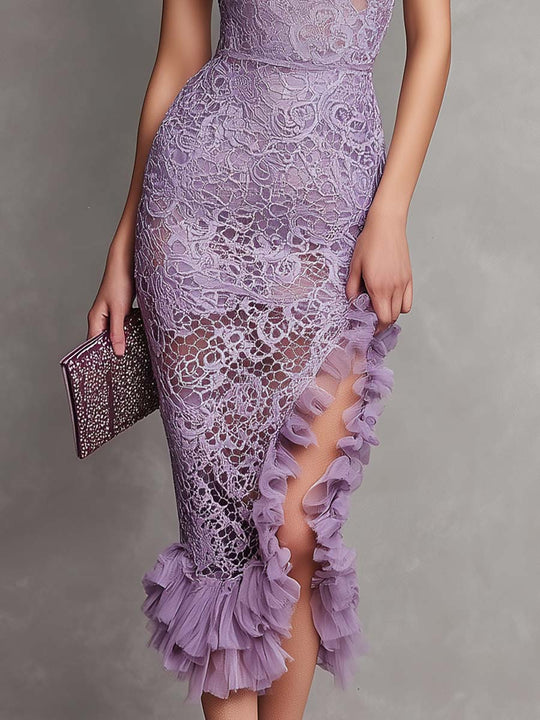 Elegant Lavender Lace Halter Ruffle Midi Dress