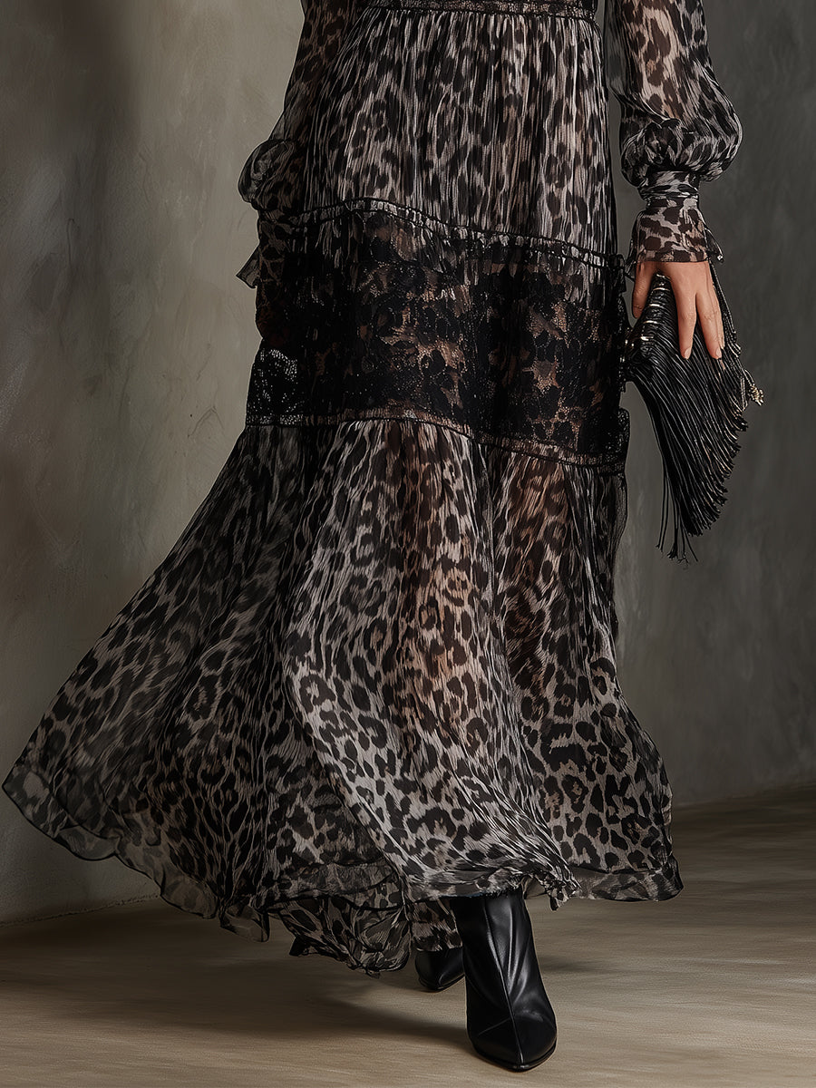 Bohemian Leopard Print Lace Chiffon Patchwork Pleated Maxi Dress