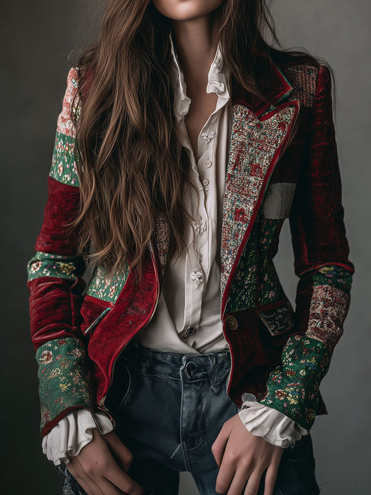 Vintage Bohemian Velvet Patchwork Print Blazer