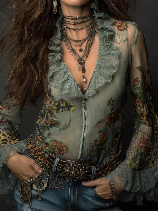 Bohemian Leopard Print Floral Print Chiffon Bell Sleeves Blouse
