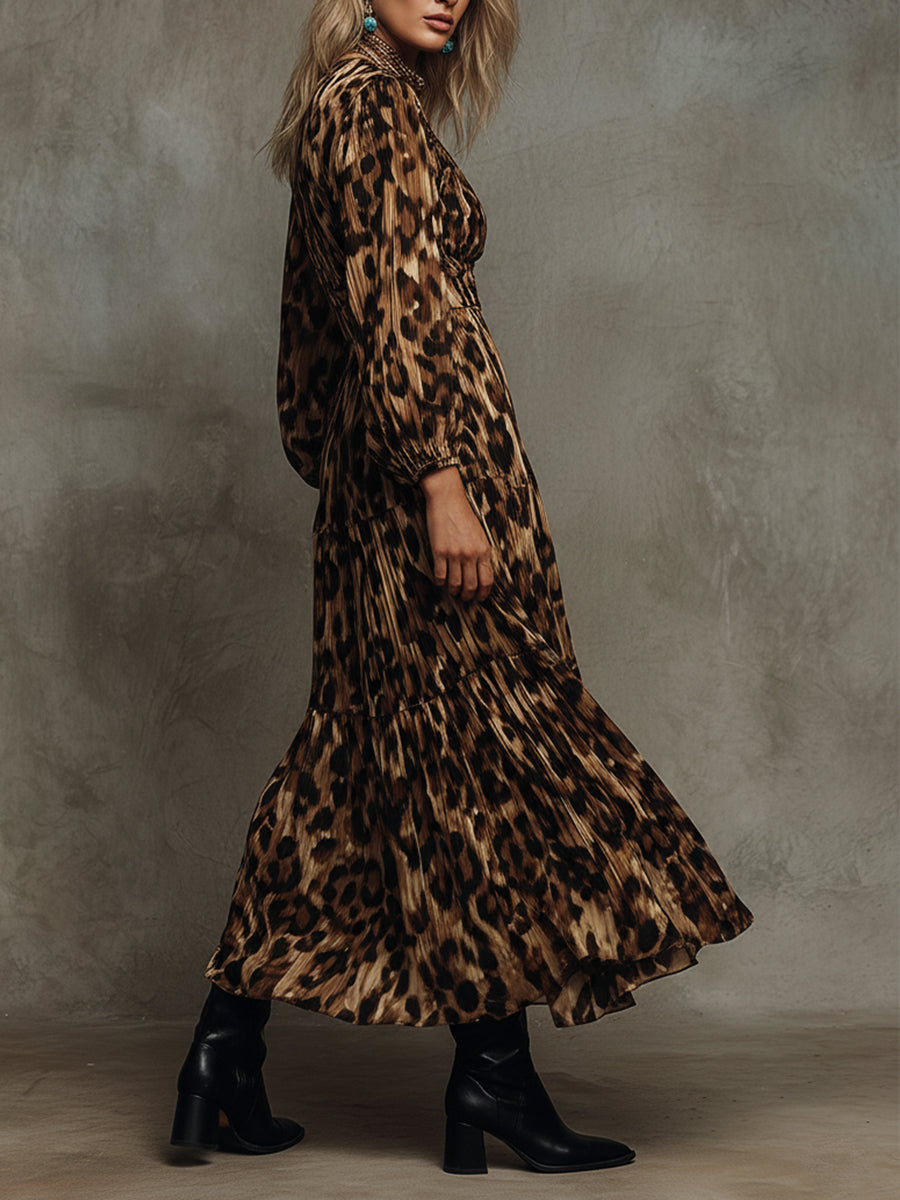 Bohemian Leopard Print Pleated Lantern Sleeve Midi Dress