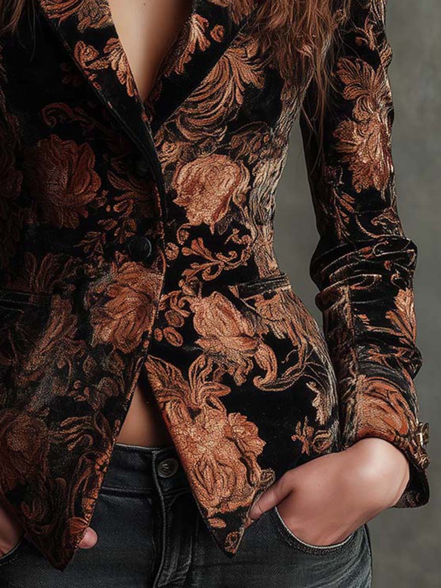 Velvet Floral Print Blazer In Black And Bronze