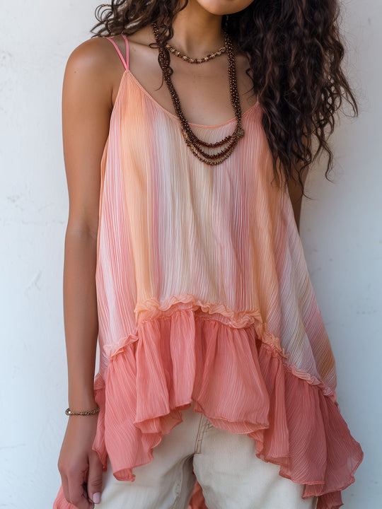 Boho Coral Sunrise Pleated Chiffon Cami Top With Ruffled Hem