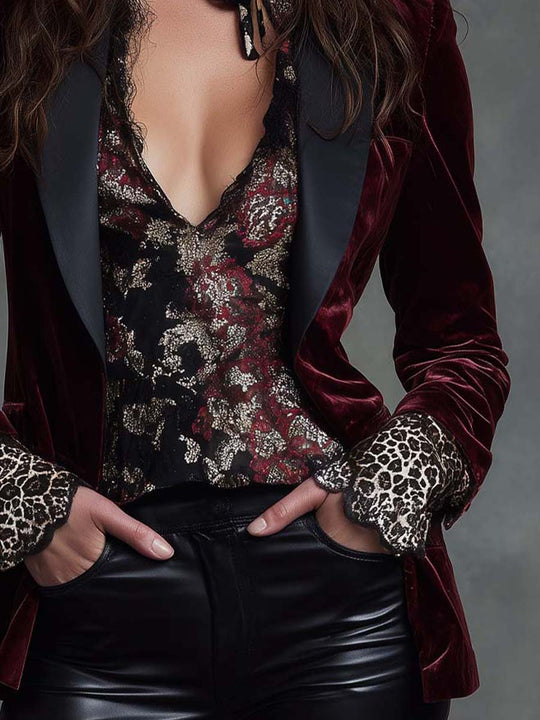 Burgundy Velvet Tailored Blazer With Black Contrast Lapel
