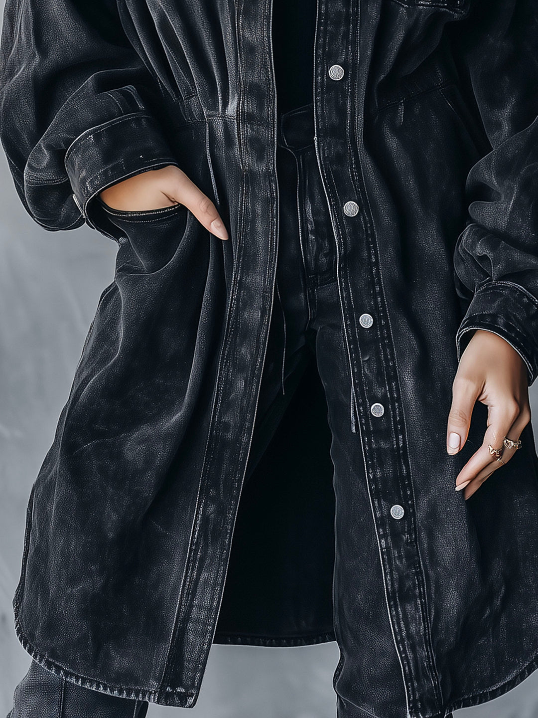 Classic Black Washed Denim Longline Utility Shirt Jacket