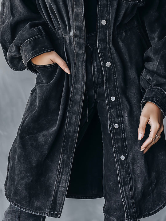 Classic Black Washed Denim Longline Utility Shirt Jacket
